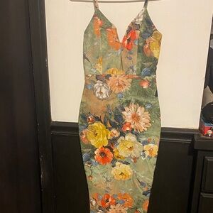 Privy Floral V-Neck Midi Dress - Green and Yellow